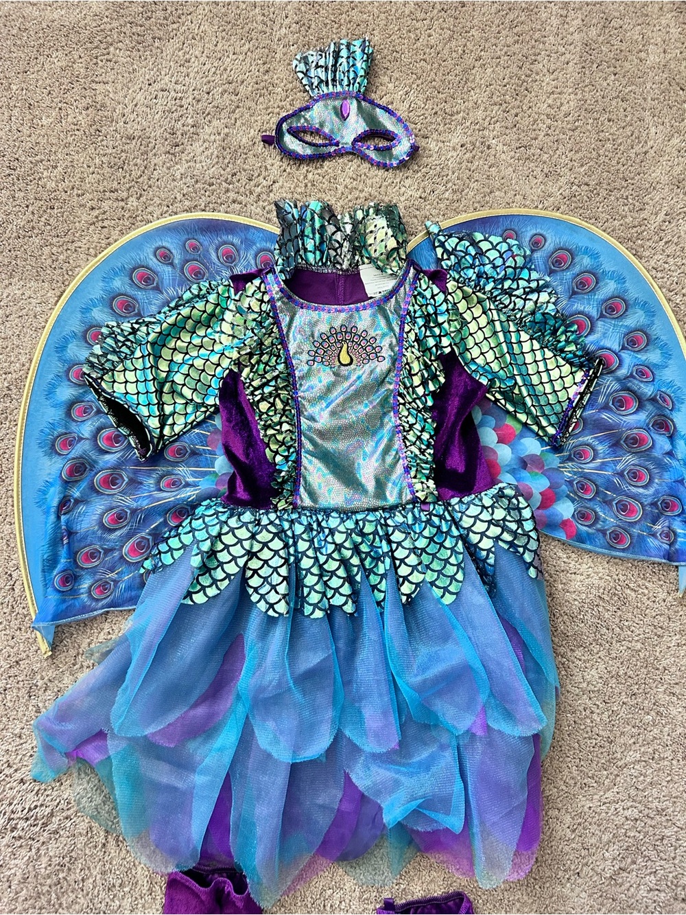 Peacock-Inspired Girls' Blue & Purple Costume Dress with Wings and Mask